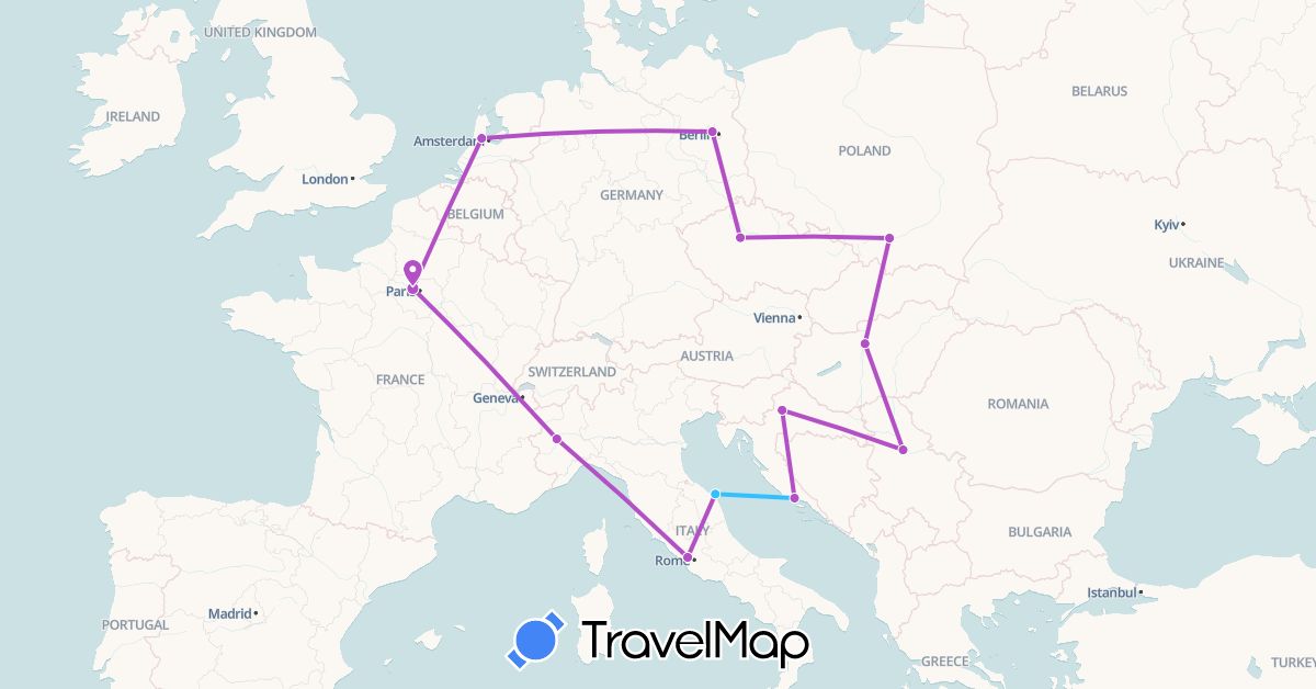 TravelMap itinerary: driving, train, boat in Czech Republic, Germany, France, Croatia, Hungary, Italy, Netherlands, Poland, Serbia (Europe)